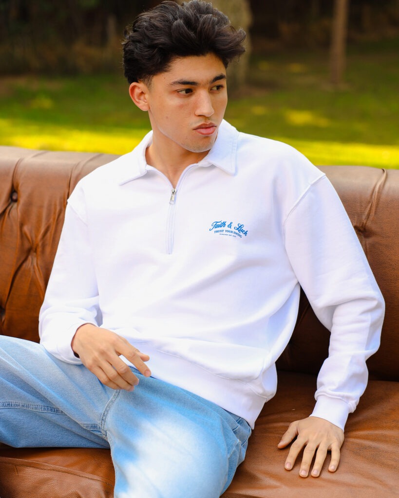 White Faith and Luck Half Zip Sweatshirt