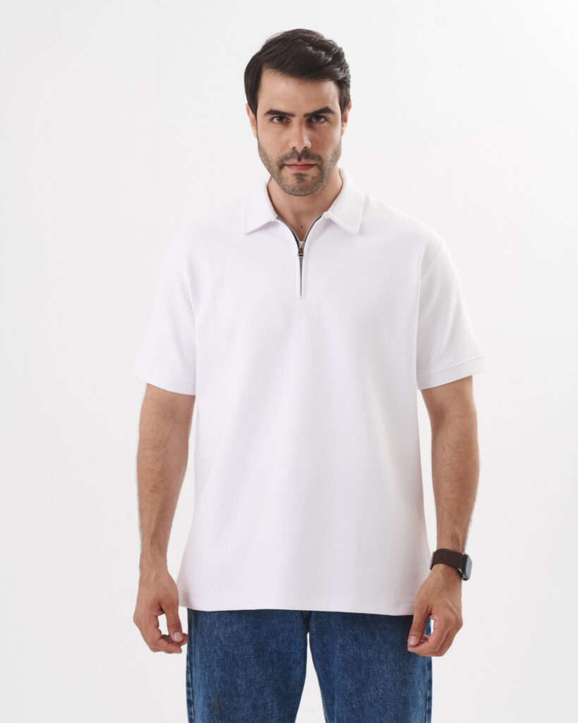 White Quarter Zip Polo Shirt